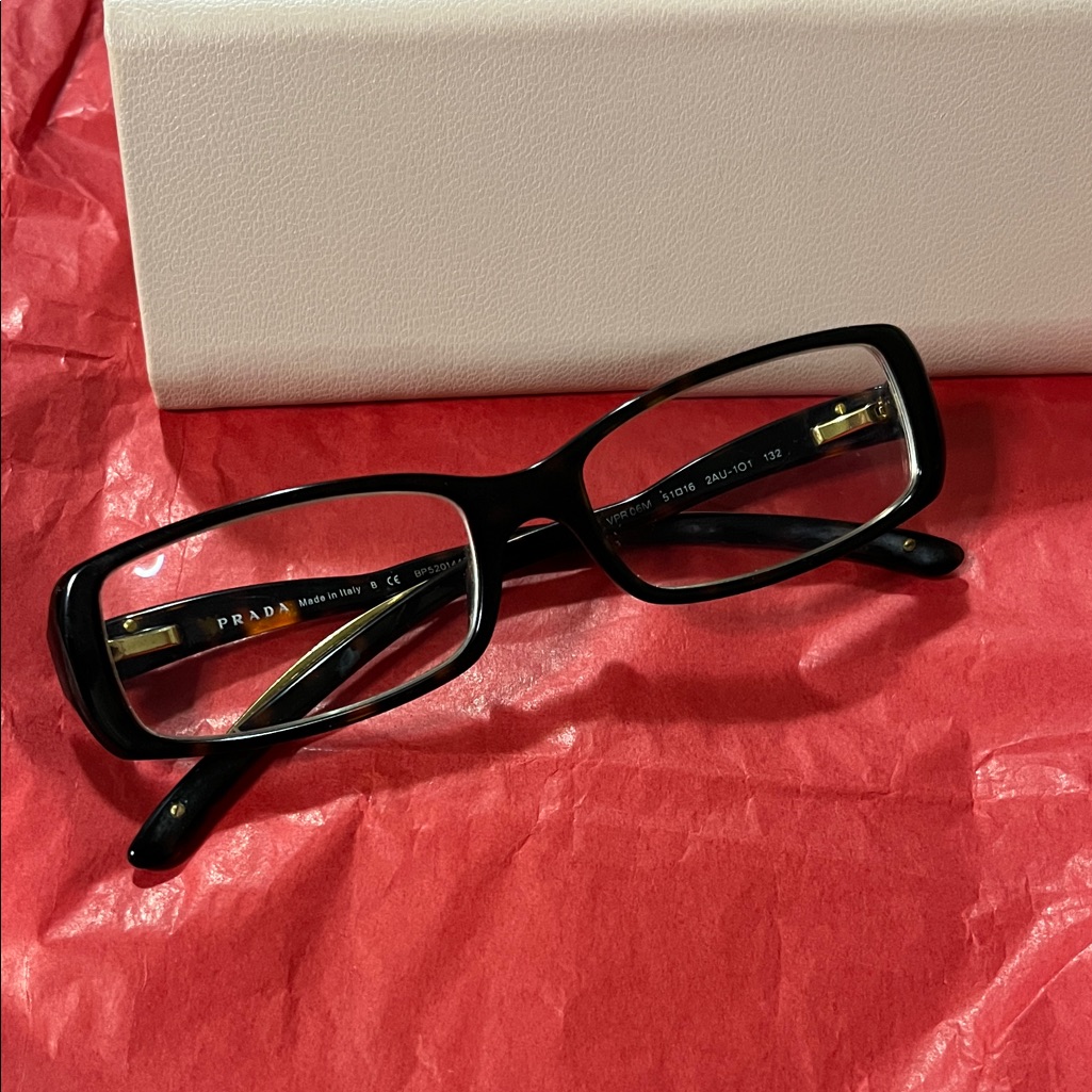 Prada Black Rectangular Women's Glasses With Gold Temples